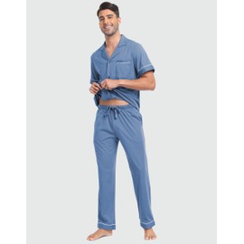 COLORFULLEAF Mens Pyjamas Set 100% Cotton Soft Button Down Nightwear Short Sleeve Top & Long Bottoms Pjs - Gifts for Him(Blue,S)