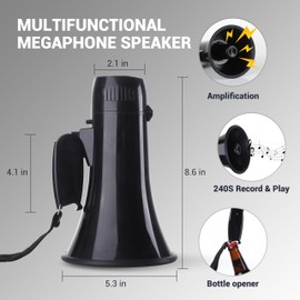 Flydot Megaphone with Speaker Microphone Siren and 240-Second Recording Bullhorn Includes Volume Control for Outdoor Events and Crowd Management (Black)