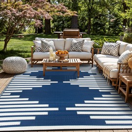 Rugshop Bohemian Diamond Stripe Reversible Crease-Free Waterproof Premium Recycled Plastic Outdoor Rugs for Patio,Backyard,RV,Deck,Picnic,Trailer,Beach,Camping,Sunroom Navy 7'10" x 10'