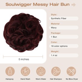 Soulwigger Messy Bun Hair Piece Wavy Curly Scrunchies Fluffy Donut Thick Updo Elegant Chignon Hairpieces for Women Girls, Grape Red 1.4oz