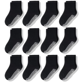 CozyWay Toddler Socks With Grippers Non Slip Crew Grip Socks for Girls and Boys Soft Comfy Cotton - 3T-5T Unisex Black - 12 Pack