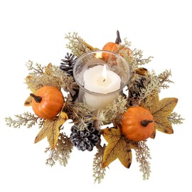 2 Pcs Thanksgiving Candle Rings Wreaths With Pumpkins, Fall Wreath 3 Inch Center for Decor (Orange * 2, 10")