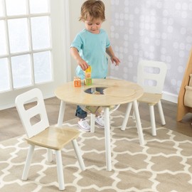 KidKraft Wooden Round Table & 2 Chair Set with Center Mesh Storage - Natural & White, Gift for Ages 3-6