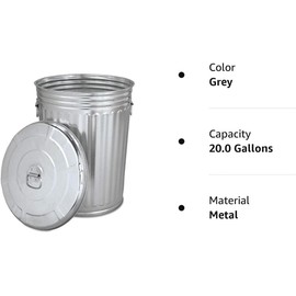 Plexon Pre-Galvanized Trash Can with Lid Round, Steel, 20gal, Grey, Outdoor Garbage Can., 45520GALLONWLID