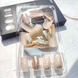 Mkwntg Christmas Press on Nails Medium Square Fake Nails with Golden Glitter Designs Glossy Snowflake Glue on Nails Nude Winter Xmas Sparkly Bling Full Cover Acrylic Nails for Women Manicure 24Pcs