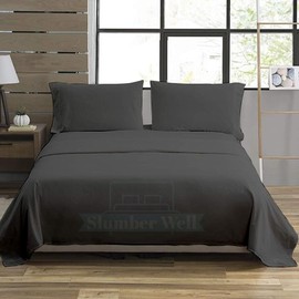 SlumberWell 4 Piece Sheet Set Twin Size, 100% Egyptian Cotton, 12 Inch Deep Pocket, Breathable Cooling & Super Soft Hotel Bed Sheets, Dark Grey Solid