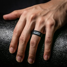 ThunderFit Silicone Wedding Rings for Men, Breathable Airflow Pattern 9mm Wide 2mm Thick - 1/4/5/8 Variety Multipack (Black-Black With Flag - Size 8.5-9 (18.9mm))