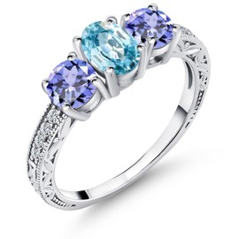 Gem Stone King 925 Sterling Silver Blue Zircon and Blue Tanzanite Women Ring (2.24 Ct Oval Gemstone Birthstone, Available In Size 5, 6, 7, 8, 9)