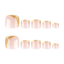 French Tip Press on Toenails Gold Full Cover Fake Toenails Short Square Summer False Toenails Nude Toe Nails Press ons with 3D Gold Stamp Design Glossy Toenails for Women Girls 24 Pcs