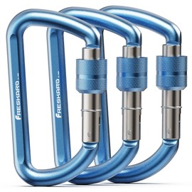 FresKaro Carabiner Clip Heavy Duty, Strong 12kN Screw-gate Aluminum Carabina, Locking Karabiner Hooks, 3 Inch, Lightweight, Lockable for Dog Lead, Hammocks, Swing, Camping, Key, D-Shaped, 3Pack Blue