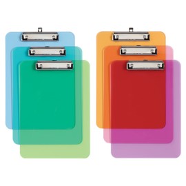 Oxford Plastic Clipboards, Metal Clip with Plastic Corners, Writing Surface with Hanging Loop, Assorted Colors, 12.5" x 9", 6 Pack (25402)