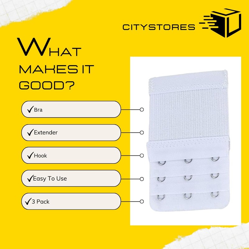 citystores® 3 Pack White 3-Hook Bra Extender Adjustable Bra Strap