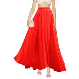 v28 Womens Maxi Midi White Flowy Long Black Summer Plus Size Sheer Chiffon Skirt (2XL,Red)