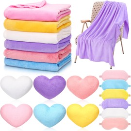 Fanfanwin 18 Pcs Sleepover Party Supplies Set 6 Pcs Fleece Soft Blankets 6 Pcs Fluffy Heart Throw Pillow 6 Pcs Plush Sleep Eye Mask for Spa Camping Birthday Favors(Light Color)