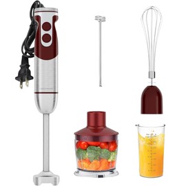 MegaWise Pro Titanium Reinforced 5-in-1 Immersion Hand Blender, Powerful Motor with 80% Sharper Blades, 12-Speed Corded Blender, Including 500ml Chopper, 600ml Beaker, Whisk and Milk Frother (Red)