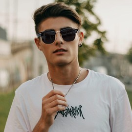 Joopin Semi-Rimless Folding Sunglasses for Men, UV400 Protection Classic Horn Rimmed Fold Up Sun Glasses for Women Half Frame Foldable Sunglasses Polarised for Driving