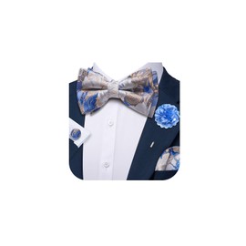 Barry.Wang Bow Tie Mens Pre-tied Blue Grey Floral Bowties Silk Handkerchief Cufflinks Lapel Pin Set Wedding Christmas