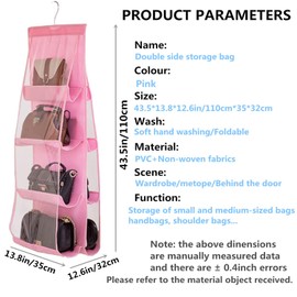 Hanging Handbag Purse Organizer, Breathable Polyester Fiber+PVC Handbag Organizer, 8 Easy Access Clear Vinyl Pockets, Wardrobe Closet Space Saving Organizers System, Washable (Pink)