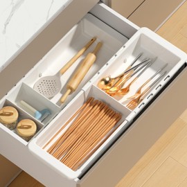 EooUooIP Sliding Drawer Tray with Adjustable Dividers, Expandable Kitchen Storage Organizer, Sliding Drawer Bin, Expandable Drawer Organizer, 2 PCS Drawer Organizer Trays For Utensils, Flatware, Junks