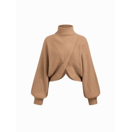 CIDER Cropped Sweaters for Women Turtleneck Sweater Long Sleeve Ribbed Knit Lantern Sleeve Pullover Fall Outfits Khaki