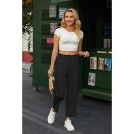 SEMARO Womens Casual High Waisted Linen Feel Pants Tapered Vacation Lounge Pants Trousers with Pockets Black