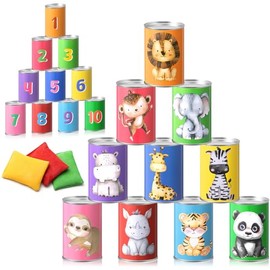 Libima 13 Pcs Festival Game Carnival Party Bean Bag Toss Sturdy Knockdown Outdoor Can with 10 Tin Cans and 3 Bean Bags for Outdoor and Indoor(Colorful, Animal)