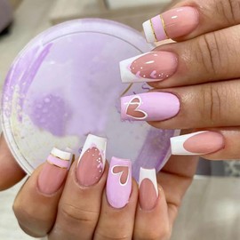 Purple Press on Nails Square Medium French Tips Press on Nails with Heart Designs Glossy Full Cover Reusable False Nails Artificial Glue on Fingernails Coffin Fake Nails Stick on Nails for Women
