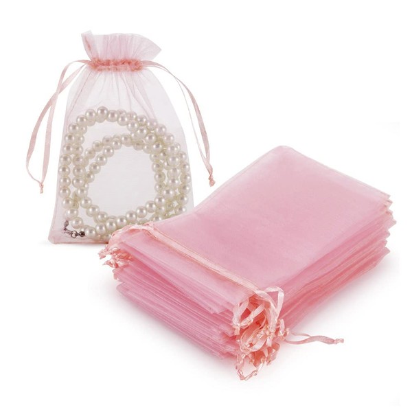 HRX Package 100pcs Blush Pink Organza Gift Bags, 4 x 6 inch Candy Mesh Drawstring Bags Jewelry Pouches for Christmas Wedding Baby Shower Party