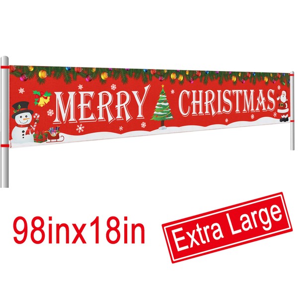 Large Merry Christmas Banner | Outdoor Red Christmas Banner Decorations | Xmas Outdoor & Indoor Hanging Decor | Christmas Holidays Party Decor Supplies (8.2 x 1.5 FT)
