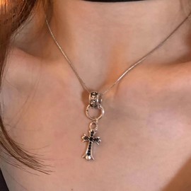 Inilbran Boho Cross Circle Choker Necklace Vintage Prayer Cross Pendant Necklace Silver Cross Italian Snake Chain Necklace Religious Crucifix Cross Necklace Jewellery for Women and Girls, Zinc