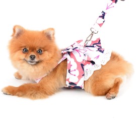 PAIDEFUL Dog Dress Harness and Leash Set Costume Floral Bow Cats Sundress for Small Pets Girls Soft Puppy Clothes, Pink, S