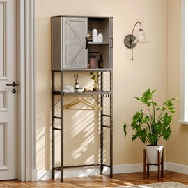 Timboniture Over The Toilet Storage Cabinet, Bathroom Above Toilet Cabinet Organizer with Doors and Adjustable Shelves, Bathroom Shelf Organizer with Anti-Tip Device & Drain Rack, Grey