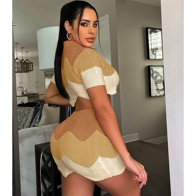 KANSOON Crochet Skirt Set Color Block Knit Short Sleeve Button