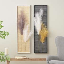 Deco 79 Wood Leaf Handmade Home Wall Decor 3D Pampas Stem Wall Sculpture with Textured Backing and Beaded Frame, Set of 2 Wall Art 13"W, 44"H, Brown