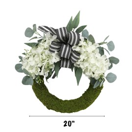COLLECTIVE HOME - Artificial Wreath, 20" Artificial Wreath for Front Door, Spring Green Leaf for Window Wedding, Home Porch Patio Garden Decor (Flocked Moss Finish Cream Hydrangea)