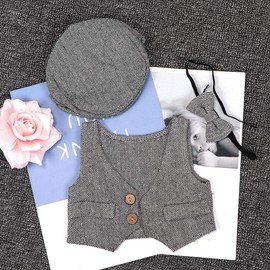 Bebé Recién Nacido Accesorios de Fotografía Sombrero de Caballero Pajarita de punto Fotografía de Vestuario Ropa Gorra plana(Blanco negro)
