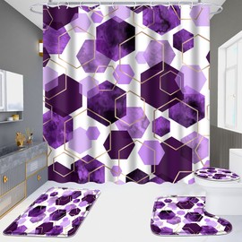 YOKYHOM Bathroom Sets, 4 Piece Purple Geometric Bathroom Shower Curtain Sets with Rugs, Incl 71'' x 71'' Polyester Waterproof Shower Curtain with 12 Hooks, Non Slip Bath Mats and Toilet Lid Oval Rug