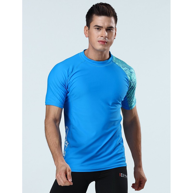 HUGE SPORTS Men's Splice Sun Protection Rash Guard Short Sleeves(Blue