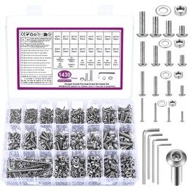1430 Piece M2 M3 M4 M5 Screw Set, Silver Allen Screws Nuts Set with Washers Set, Threaded Screws with Nuts, Pan Head Screws and Nuts, Bicycle Screws Set