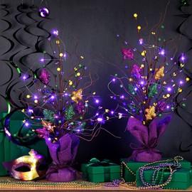 Anglechic 2 Pieces Lighted Mardi Gras Artificial Berry Blossom Table Tree 21" H Shinny Tree Table Centerpiece Mardi Gras Tree for Mardi Gras Day Holiday Decoration Home Decor Artificial Plants