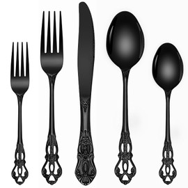 Black Silverware Set, Ollex 30-Piece Retro Royal Flatware Set for 6 with Fork Spoons and Knives Stainless Vintage Utensils Set for Kitchen/Party Tableware Cutlery Set, Dishwasher Safe