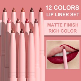 KIMIEYE 12 Colors Retractable Lip Liner Kit for Define & Sculpting Lips Shades, Long Lasting Waterproof High Pigment Matte Finish Creamy Texture Lip Liner Pencil Set for Women