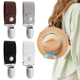 Ouligay 4 Stück Hut Clip für Reisen Tragbarer Huthalter Clip Freihändiges Hutklammer Damen Herren Unterwegs Hat Clips for Trave On Bag, PU Leder Hutclips für Outdoor Handtasche Reisetasche Rucksack