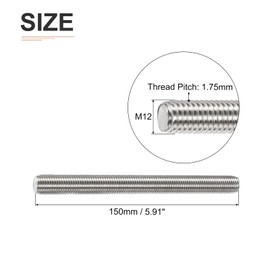 DTGN M12x1.75x150mm(DxPxL) Fully Threaded Rod - 2Pack - Good for Machinery - 304 Stainless Steel Right Hand Thread Rods Bar Studs - Silver