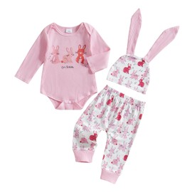 MAHUAOYIXI Toddler Baby Girls Easter Outfits Bunny Print Round Neck Long Sleeves Romper with Pants and Hat 3Pcs Set Baby Easter Clothes for Girls (Pink, 12-18 Months)
