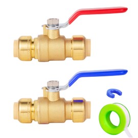 1/2 Inch Push-Fit Full Port Ball Valve for Hot and Cold Water,1/2Inch Ball Valve,Pushfit Water Shut Off Valve Push to Connect Plumbing Valve to Work with Pex,Copper,CPVC（No Lead Brass,1Red+1Blue）