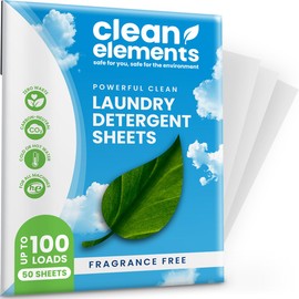 Clean Elements Laundry Detergent Sheets (100 Loads, 50 Sheet) Fragrance Free Unscented, Eco Earth Friendly Clean Breeze, Non Toxic People Safe, Washing Travel Supplies, Liquidless Pod Home Soap Washer