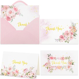 Crisky 4 Assorted Pink Gold Watercolor Floral Thank You Cards with Envelopes (50 Pack) & Stickers for Birthday, Baby Shower,Bridal Shower, Wedding, Graduation