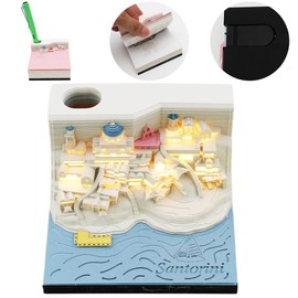DASIAUTOEM 3D Notepad Calendar 2025, Santorini 3D Paper Sculptures, 2025 Desk Calendar Notepad, 3D Magic Castle Weekly Calendar with Light and Pen Holder, Creative Birthday Gift