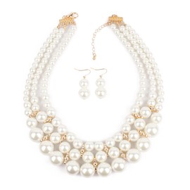 Borsgye Large Pearl Jewellery Set Imitation Pearl Necklace Cherry Bracelet Stud Earrings Women's Necklace Round Cultured Chain Statement with Pearl Earrings for Wedding Events Party - 6160, Plastic,